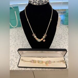 Elegant Silver and Pink Charm Necklace and Bracelet Set